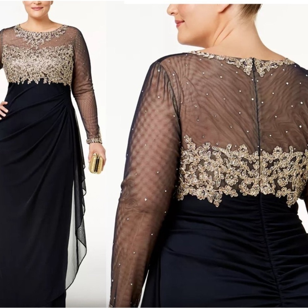 Xscape Navy Blue Maxi Gown with Gold Embroidered Bodice